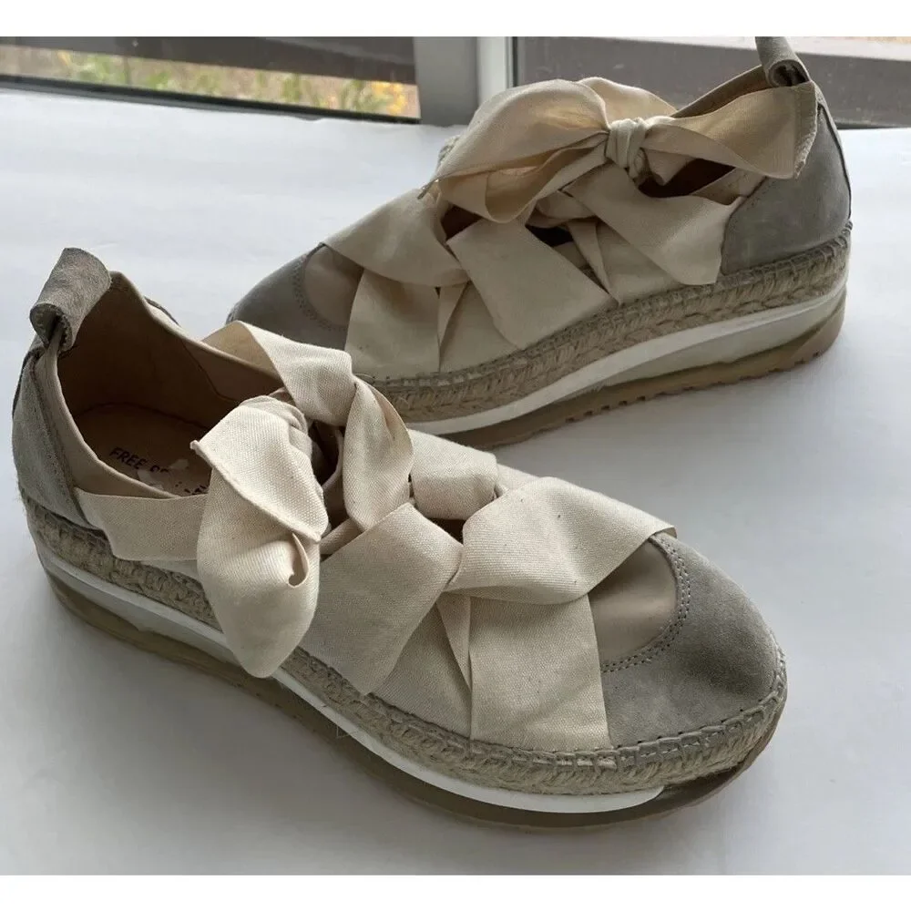 New Free People Chapmin Espadrille Sneaker Ivory Ribbon Lace Platform Shoe Sz 39